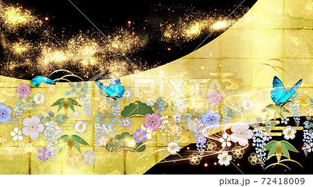 和風の花々と青い蝶々 金箔と黒の背景 横 和風の花々と青い蝶々 金箔と黒の背景 横 72418009