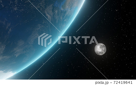 地球を周回する月 星あり 3dレンダリングのイラスト素材