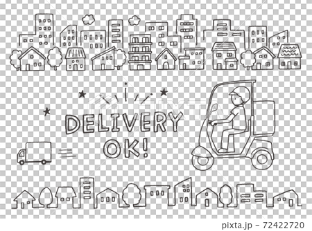 街並みとデリバリーバイクの手描きイラスト 72422720