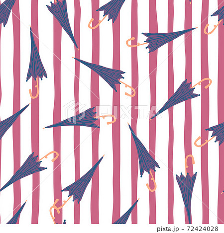 Seamless random pattern with purple umbrella simple elements. Pink and white striped background. 72424028