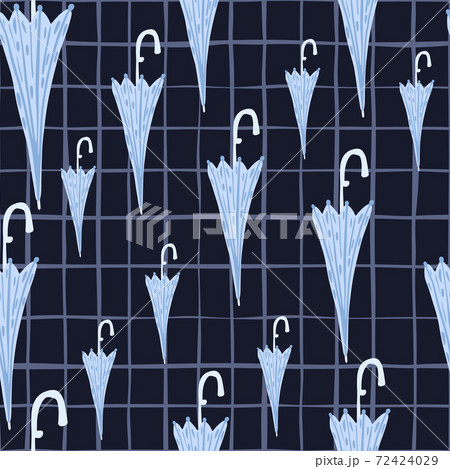 Random seamless pattern with doodle blue umbrella elements. Dark navy blue chequered background. 72424029