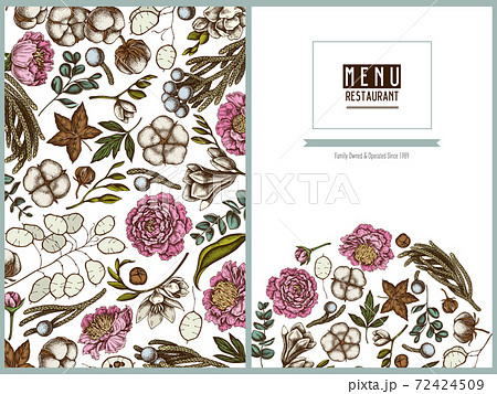 Menu cover floral design with colored ficus, eucalyptus, peony, cotton, freesia, brunia 72424509