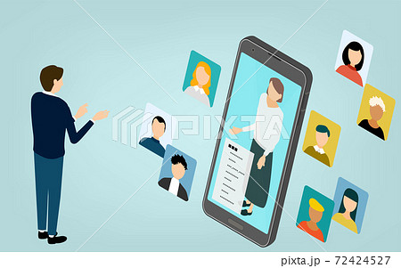 アイソメトリック、スマホアプリを利用して人が繋がっているイメージイラスト 72424527