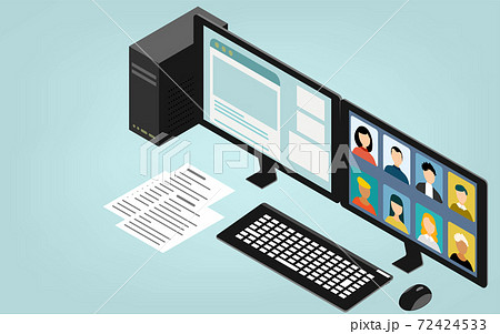 アイソメトリック、オンラインミーティングの準備が整ったパソコン アイソメトリック、オンラインミーティングの準備が整ったパソコン 72424533