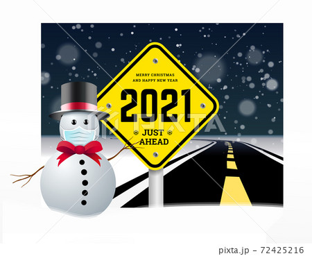 Happy New Year 2021 and Christmas greetings with road signs on the background of the road going into the distance. Planning concept and goals implementation. illustration of snowy background with 72425216