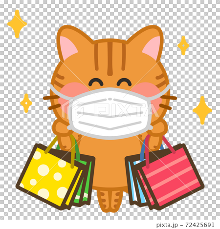 マスク対策して買い物する イラスト 猫のイラスト素材