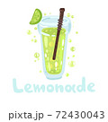 Lemonade and bubbles in a glass with a sraw. Flat colorful yellow and green design style, modern vector clipart illustration. Summer lemonades with one half lemon fruit. Hand drawn typography. 72430043