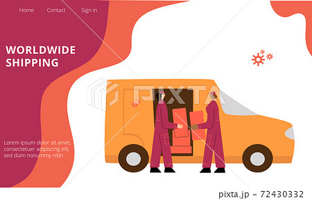 Worldwide shipping, delivery service concept for landing page. Flat illustration characters for web site tranportation, shipping, logistic company. Vector stock illustartion  72430332