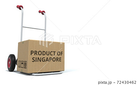 PRODUCT OF SINGAPORE text on carton on an isolated delivery cart 3d rendering 72430462