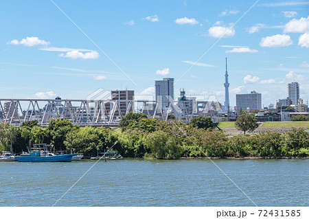 千葉県側から江戸川越しに見た東京方面の景色の写真素材