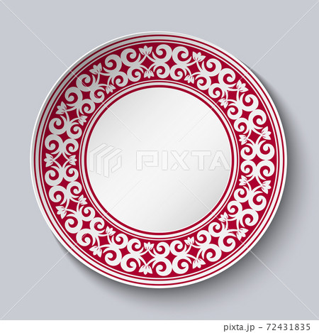 Ornamental dish with red pattern in the style of ethnic porcelain painting. Empty Space for text in the center. Ornamental dish with red pattern in the style of ethnic porcelain painting. Empty Space for text in the center. 72431835