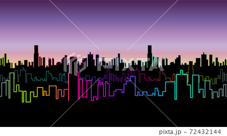 Seamless header of the city at night with versicolor neon color. Vivid glow of the contours of skyscrapers. 72432144