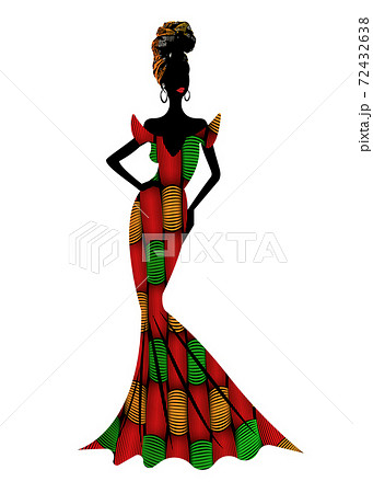 Beautiful African woman in typical afro clothing and headdress ethnic turban, ankara wax print textile for traditional wedding ceremony. Vector isolated on white background Beautiful African woman in typical afro clothing and headdress ethnic turban, ankara wax print textile for traditional wedding ceremony. Vector isolated on white background 72432638