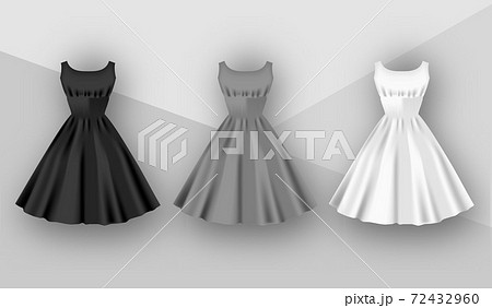 Female dresses mockup collection. Dress with puffy skirt with pleats. Realistic Festive 3d dress without sleeves. White, gray and black variation isolated on a grey background Female dresses mockup collection. Dress with puffy skirt with pleats. Realistic Festive 3d dress without sleeves. White, gray and black variation isolated on a grey background 72432960