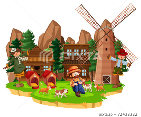 Farm with red barn and windmill on white background 72433322