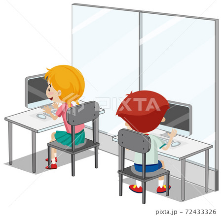 Students with computer classroom elements on white background Students with computer classroom elements on white background 72433326