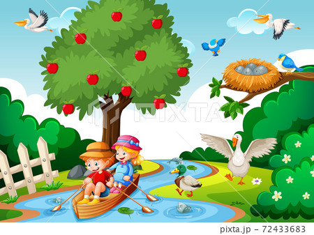 Children row the boat in the stream forest scene 72433683