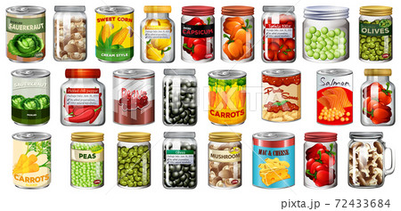 Set of different canned food and food in jars isolated 72433684