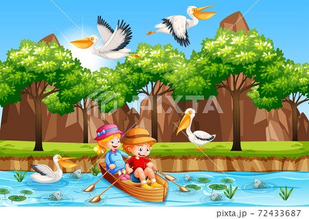 Children row the boat in the stream forest scene Children row the boat in the stream forest scene 72433687