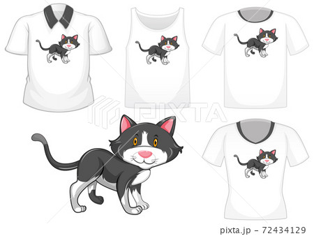 Cat cartoon character with set of different shirts isolated on white background Cat cartoon character with set of different shirts isolated on white background 72434129