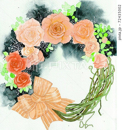水彩画 薔薇の花のリース リボンのイラスト素材