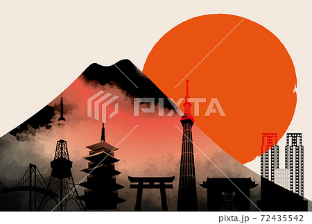 日本 東京 富士山の美しい和風イメージ背景イラストのイラスト素材