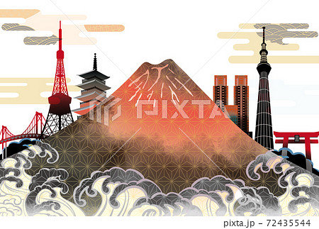 日本 東京 富士山の美しい和風イメージ背景イラストのイラスト素材