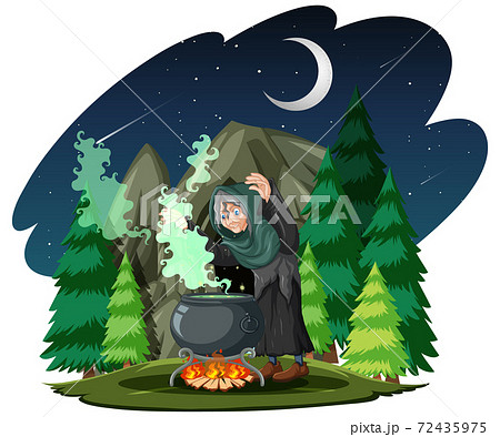 Witch with black magic pot cartoon style on dark 72435975