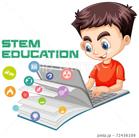 Boy searching on laptop with stem education logo Boy searching on laptop with stem education logo 72436109