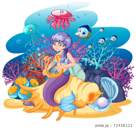 Mermaid Sitting On Shell And Sea Animal In Cartoonのイラスト素材 Mermaid Sitting On Shell And Sea Animal In Cartoonのイラスト素材