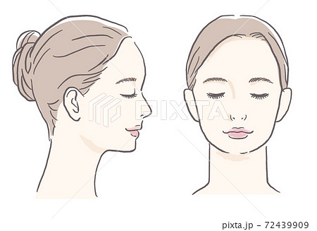 女性 手描き 正面 横顔 目閉じ 顔色つきのイラスト素材