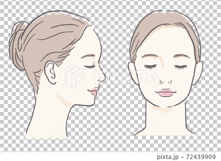 女性_手描き_正面&横顔_目閉じ_顔色つき 女性_手描き_正面&横顔_目閉じ_顔色つき 72439909