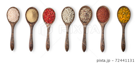 brown rice, brown sugar, red pepper, mixed raw quinoa, white beans, red quinoa, passion fruit in wood spoon isolated on white background brown rice, brown sugar, red pepper, mixed raw quinoa, white beans, red quinoa, passion fruit in wood spoon isolated on white background 72441131