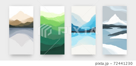 Watercolor mountains. Minimalist landscape posters. Hand drawn rocks and hills, reflections in water. Collection of pictures in Asian style with colors gradient, vector panorama set 72441230