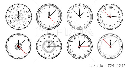 Watch face. Clock circle dial with numbers arrows and arrows, modern round time face. Vector isolated set Watch face. Clock circle dial with numbers arrows and arrows, modern round time face. Vector isolated set 72441242