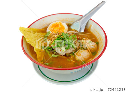 Die cut of Spicy pork Noodle Soup with boil egg. 72441253