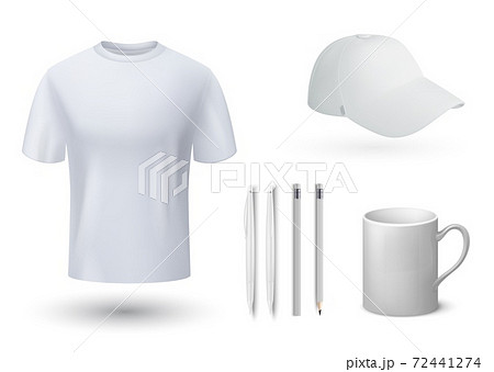 Souvenirs mockup. Realistic t-shirt and cap, mug and pens. 3D blank templates for brand identity. Stationary, clothing and utensil with place with logo. Vector corporate marketing set Souvenirs mockup. Realistic t-shirt and cap, mug and pens. 3D blank templates for brand identity. Stationary, clothing and utensil with place with logo. Vector corporate marketing set 72441274