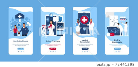 Mobile application of medical service. Smartphone interfaces. Online consultation and diagnostic. Ordering medicines and making appointment with doctor. Device screen templates, vector set 72441298