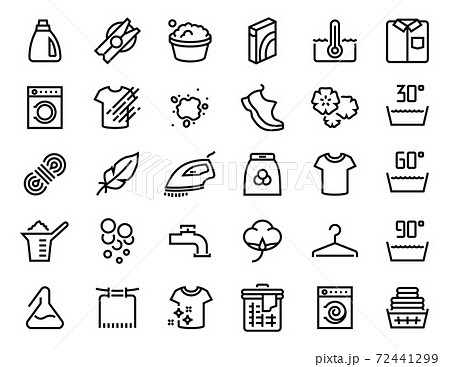 Laundry icon. Garment care guide. Hand and machine washing signs. Black contour symbols for clothing labels. Information about material, water temperature and detergent, vector set 72441299
