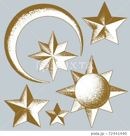 ハッチングで描かれた月と星と太陽のイラストレーションのイラスト素材