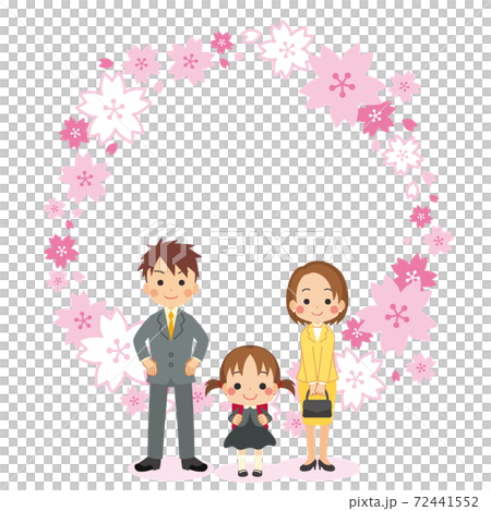 一個家庭慶祝一個可愛的新一年級女孩入學好朋友父母和孩子櫻花框架 72441552