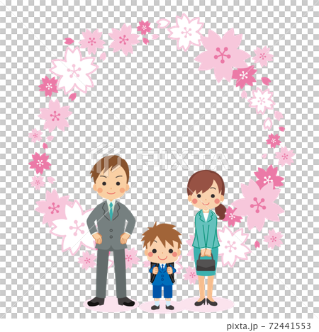 一個家庭慶祝一個可愛的新一年級男孩入學，一個好朋友父母和孩子櫻花框架 72441553