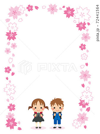 可愛い新一年生の女の子と男の子のイラスト 新学期 桜フレームのイラスト素材