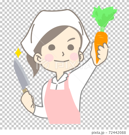 ニンジンと包丁を持ってやる気満々の調理スタッフ 72442088