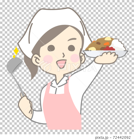 いきいきと楽しそうにカレーを盛り分ける調理スタッフ 72442092