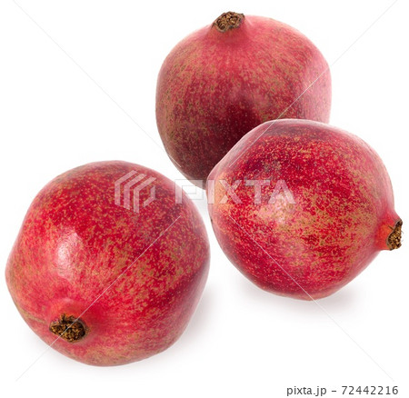 Three ripe red granet. Set fruits of red ripe pomegranate on the White Background. Vegetarian Concept. 72442216
