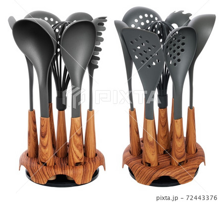 Set of plastic kitchen utensils isolated on white. Spoon, spatula, strainer, ladle, colander, whisk. 72443376