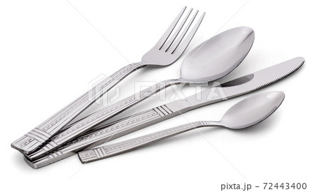 Knife, fork, spoon. Metal cutlery isolated on white background Knife, fork, spoon. Metal cutlery isolated on white background 72443400