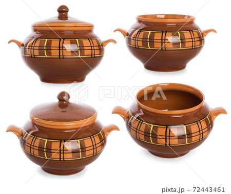 Clay pot for food in 4 angles. Isolated on white background 72443461