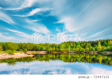 Summer Forest On River Coas. River Water Nature Landscape. Belarus, Europe Summer Forest On River Coas. River Water Nature Landscape. Belarus, Europe 72447123